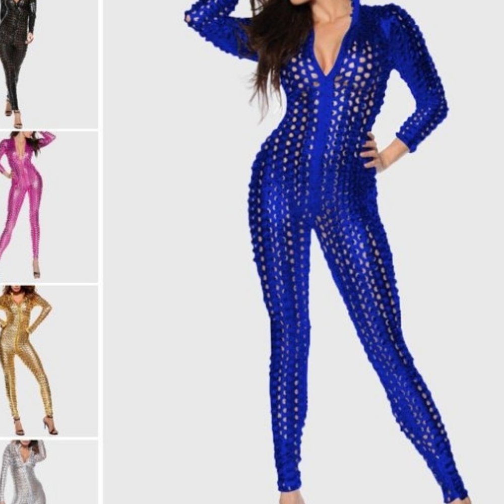 Dance Costumes Sexy Stretch Leotard Onesie Hollow-out Metallic Blue NWOT